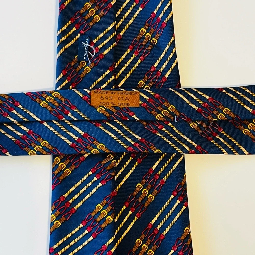 HERMES 695 OA Mens Neck Tie 100% Silk Vintage France Equestrian Rope Fathers Day